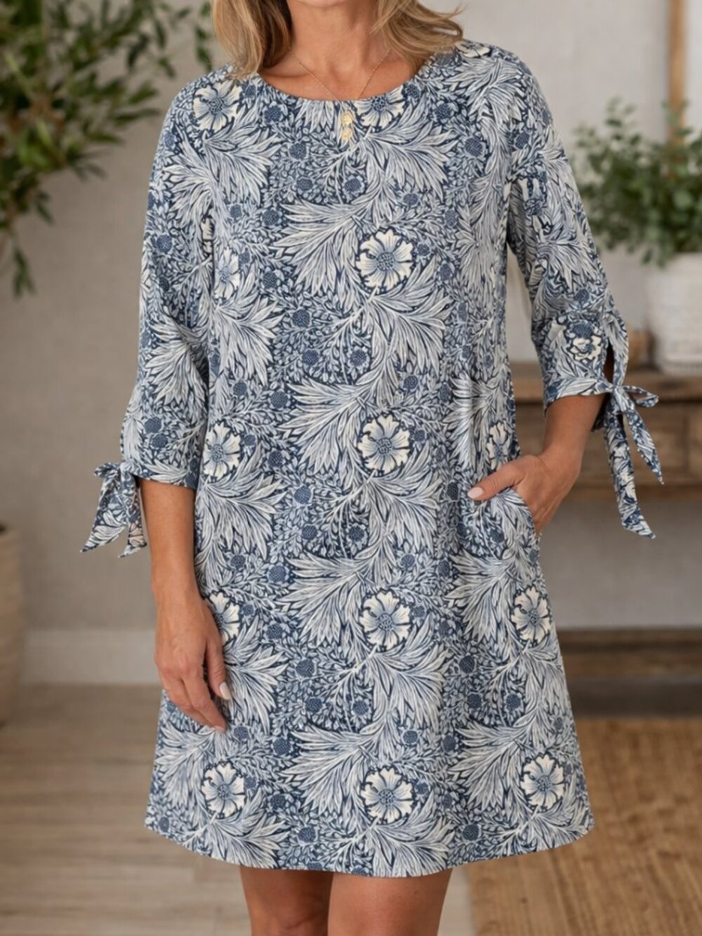 H&M William Morris & Co tunic tie sleeves blue white floral Dress, sz 4